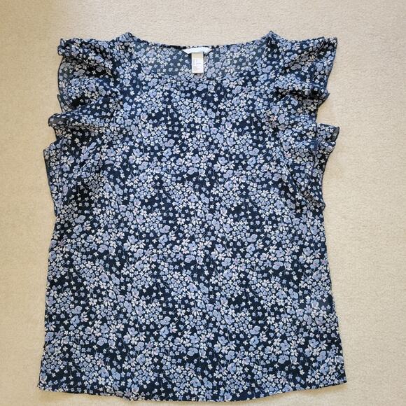 EUC H&M Size 6 Tiered Flutter Sleeve Pullover Chiffon Top Blouse Blue Floral - Picture 1 of 9